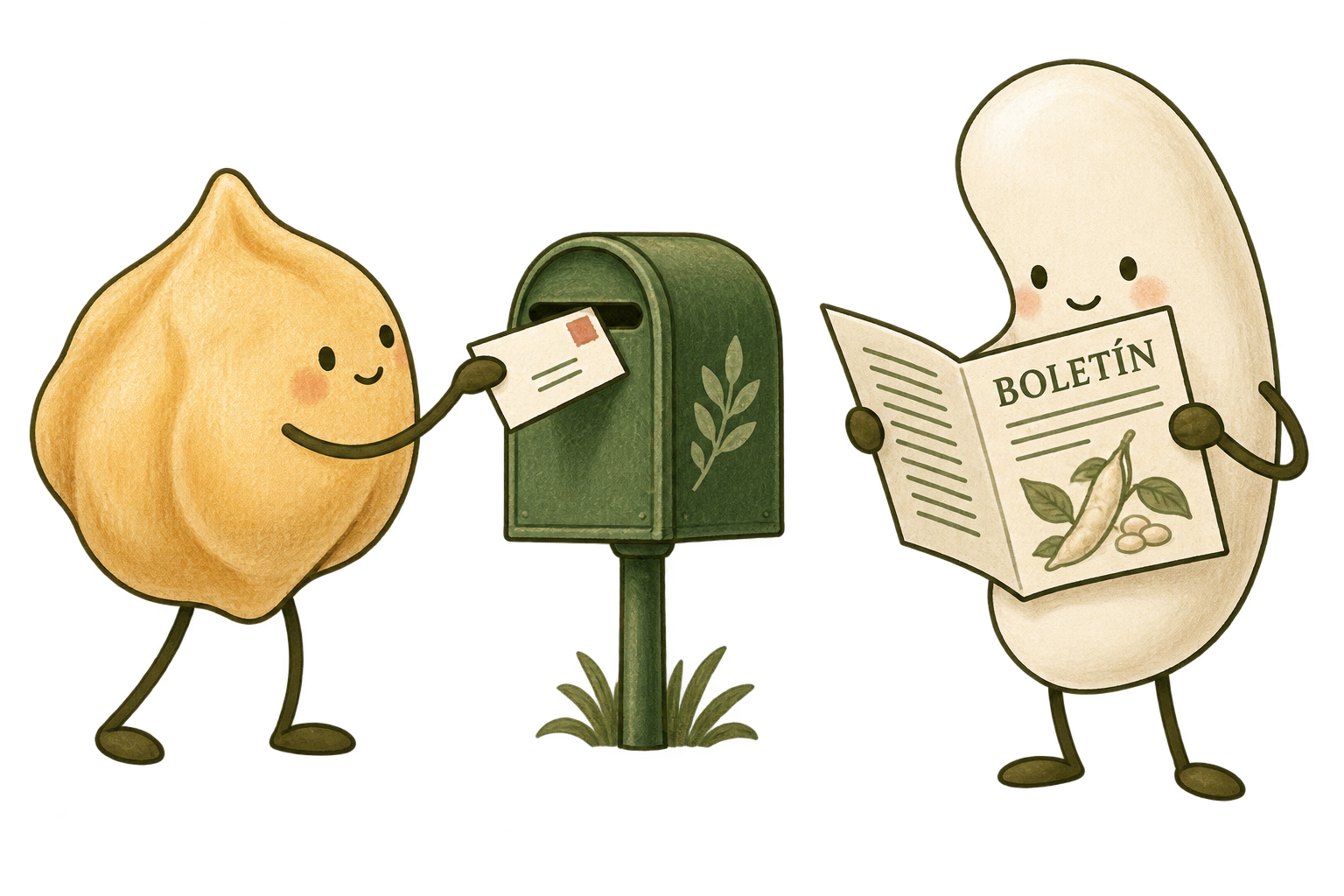 Un garbanzo envía una carta y una judía lee un boletín.